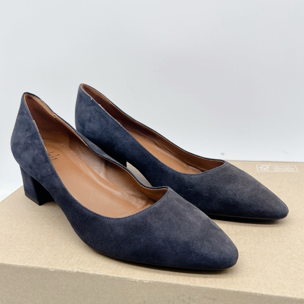 Aquatalia Pasha Women's Block Heels Pumps Navy Blue Suede Pointed Pumps US 9